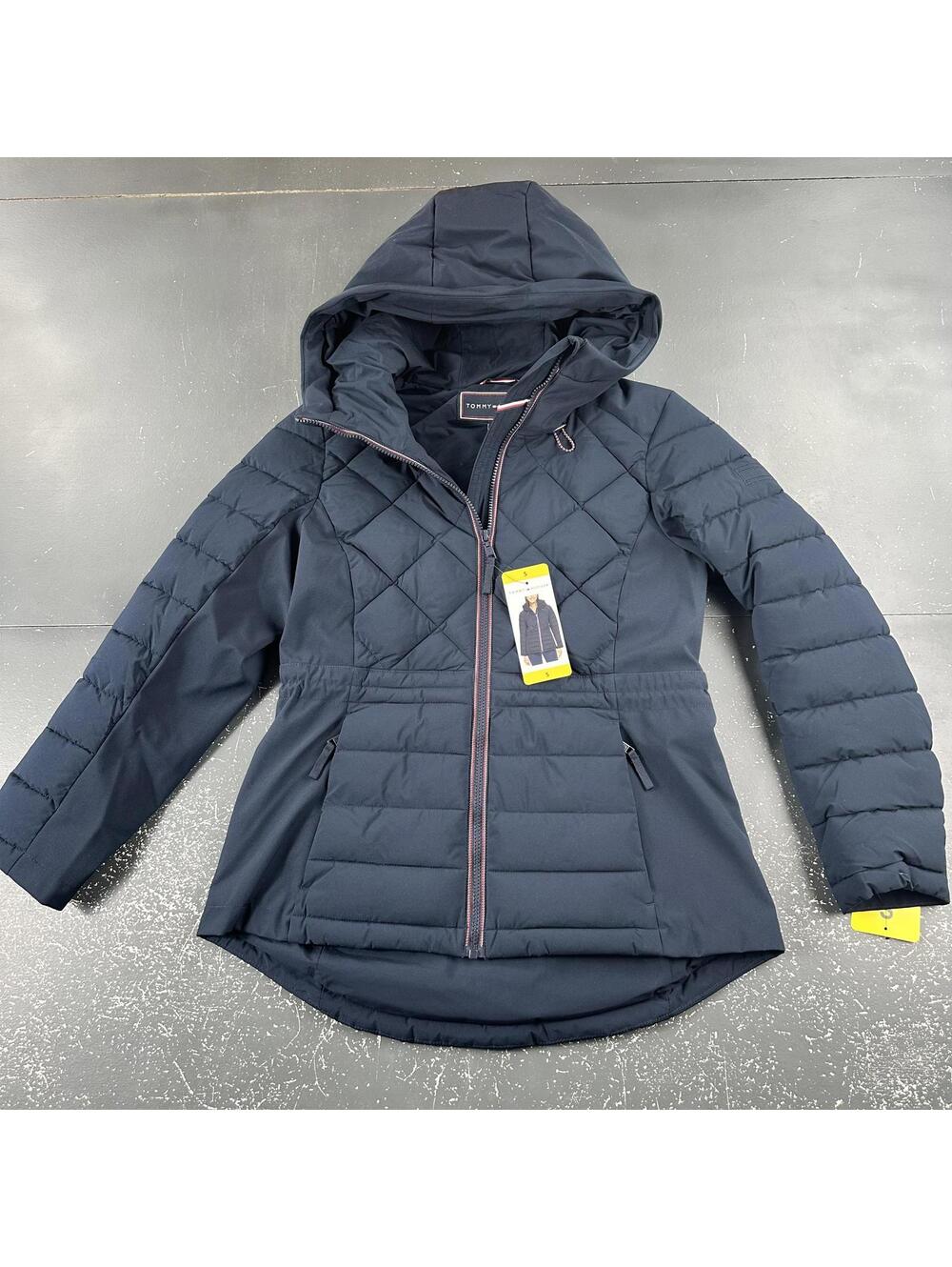 Tommy Hilfiger Puffer Coat Womens Small Navy Blue Quilted Long Parka Preppy NWT